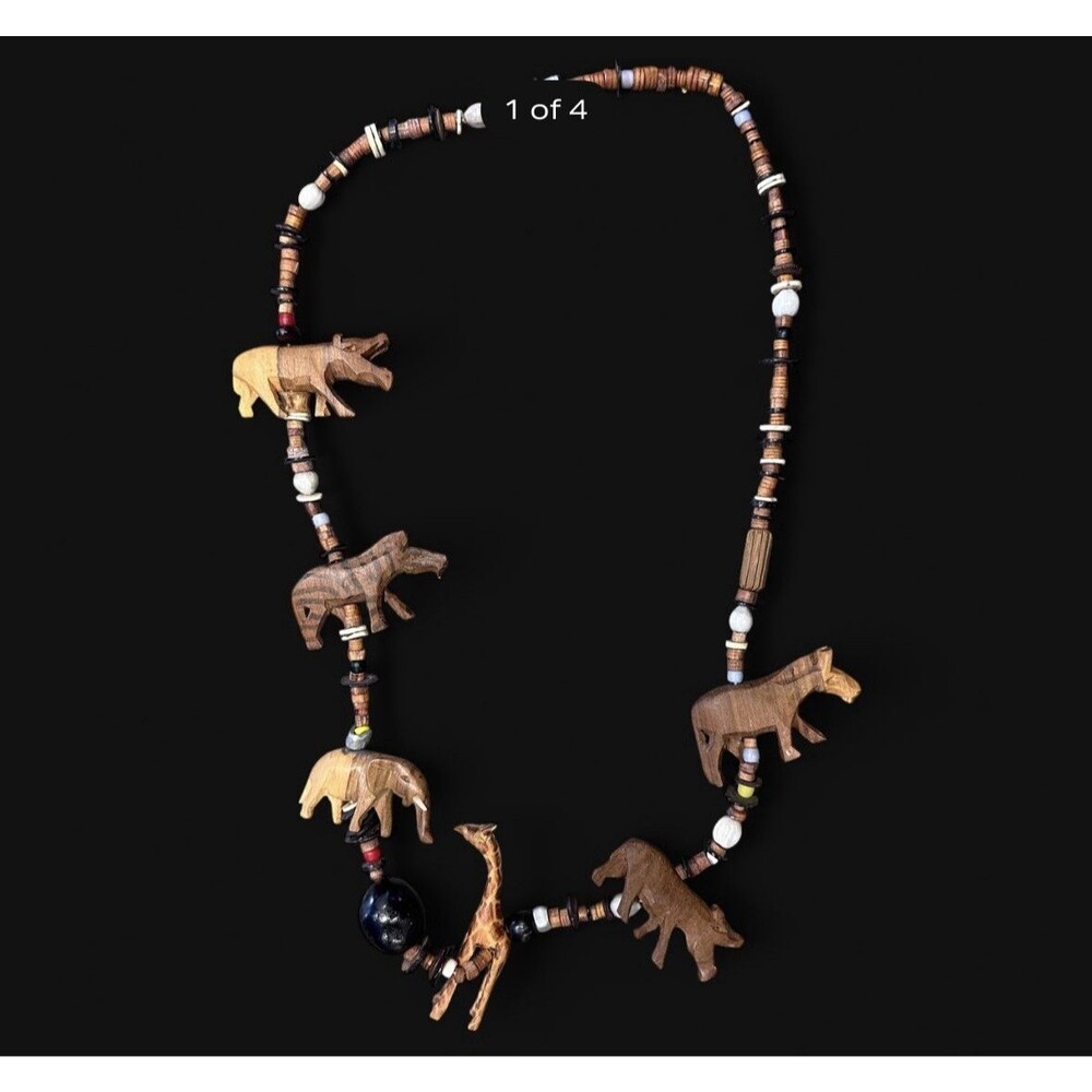 Carved Wood Elephant Multi Strand Beaded Bib Statement Necklace Boho